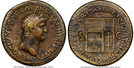 Nero, as Augustus (AD 54-68). AE sestertius (32mm, 24.42 gm, 6h). NGC Choice VF 4/5 - 3/5, edge filing, edge crack, hammered. Rome, ca. AD 65. NERO CL...