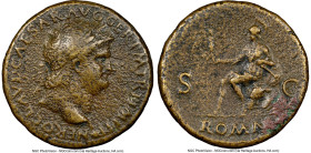 Nero, as Augustus (AD 54-68). AE sestertius (24mm, 25.34 gm, 7h). NGC Choice Fine 5/5 - 2/5. Lugdunum, ca. AD 64. NERO CLAVD CAESAR AVG GER P M TR P I...