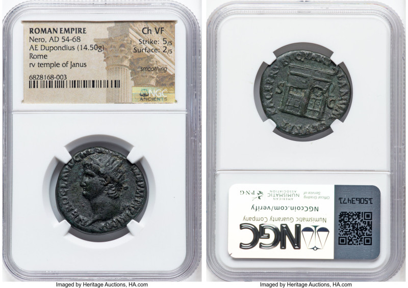 Nero, as Augustus (AD 54-68). AE dupondius (27mm, 14.50 gm, 7h). NGC Choice VF 5...