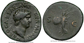 Nero, as Augustus (AD 54-68). AE as (28mm, 13.17 gm, 6h). NGC VF 5/5 - 3/5. Rome, AD 65. NERO CAESAR AVG-GERM IMP, laureate head of Nero right / Victo...