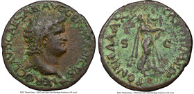 Nero, as Augustus (AD 54-68). AE as (27mm, 6h). NGC VF. Lugdunum, AD 64-66. NERO CLAVD CAESAR AVG GERMANICVS, bare head of Nero right, globe at point ...