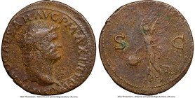 Nero, as Augustus (AD 54-68). AE as (28mm, 6h). NGC Fine. Lugdunum, AD 66. IMP NERO CAESAR AVG P MAX TR P P P, bare head of Nero right, globe at point...