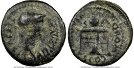 Nero, as Augustus (AD 54-68). AE semis (18mm, 4.17 gm, 6h). NGC VG 5/5 - 2/5. Rome. NERO CAES-AVG IMP, laureate head of Nero right / CER QVIN-Q ROM-CO...