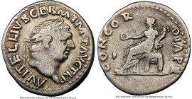 Vitellius (19 April-20 December AD 69). AR denarius (19mm, 3.09 gm, 6h). NGC Fine 5/5 - 4/5. Rome. A VITELLIVS GERM IMP AVG TR P, laureate head of Vit...