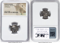 Vespasian (AD 69-79). AR denarius (17mm, 5h). NGC Fine. Rome, AD 72-73. IMP CAES VESP AVG P M COS IIII, laureate head of Vespasian right / AVGVR / TRI...