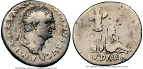 Vespasian (AD 69-79). AR denarius (19mm, 6h). NGC Fine, brushed, marks. Judaea Capta issue, Rome, ca. December AD 69-early AD 70. IMP CAESAR VESPASIAN...