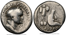 Vespasian (AD 69-79). AR denarius (18mm, 5h). NGC VG, brushed. Judaea Capta issue, Rome, ca. December AD 69-early AD 70. IMP CAESAR VESPASIANVS AVG, l...