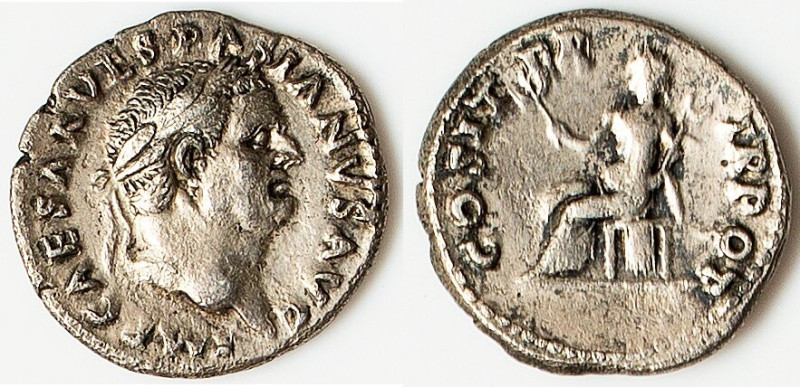 Vespasian (AD 69-79). AR denarius (18mm, 3.30 gm, 5h). Choice Fine, tooled. Rome...