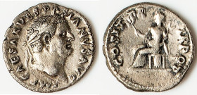 Vespasian (AD 69-79). AR denarius (18mm, 3.30 gm, 5h). Choice Fine, tooled. Rome, AD 70. IMP CAESAR VESPASIANVS AVG, laureate head of Vespasian right ...