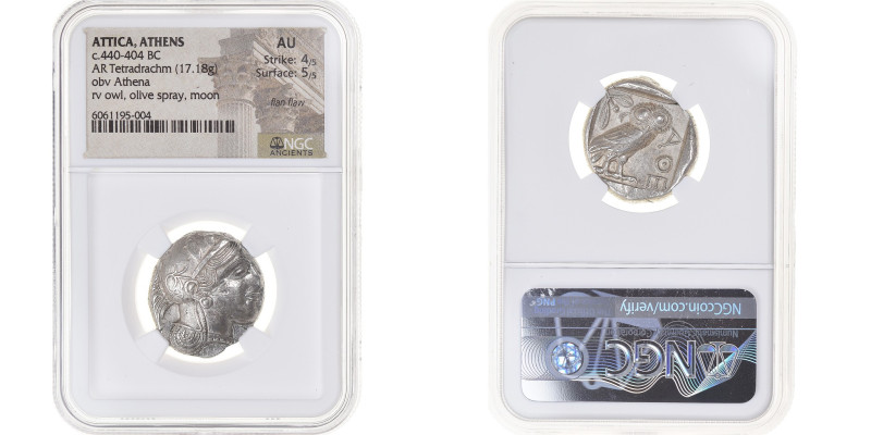 Attica, Tetradrachm, ca. 454-404 BC, Athens, Silver, NGC, AU 4/5-5/5
Head of At...