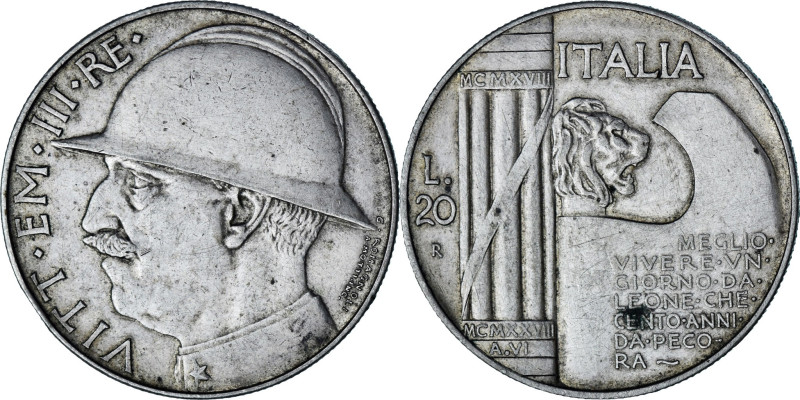Coin, Italy, Vittorio Emanuele III, 20 Lire, 1928, Rome, AU(50-53), Silver
Helm...