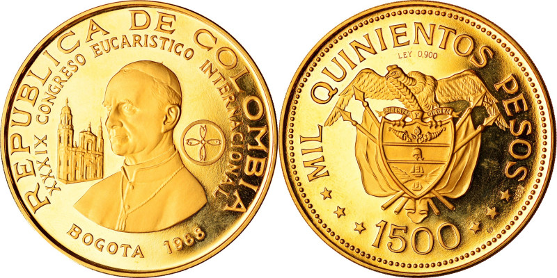 Colombia, 1500 Pesos, Int. Eucharistic Congress, 1968, Arezzo, Proof, Gold
Bust...