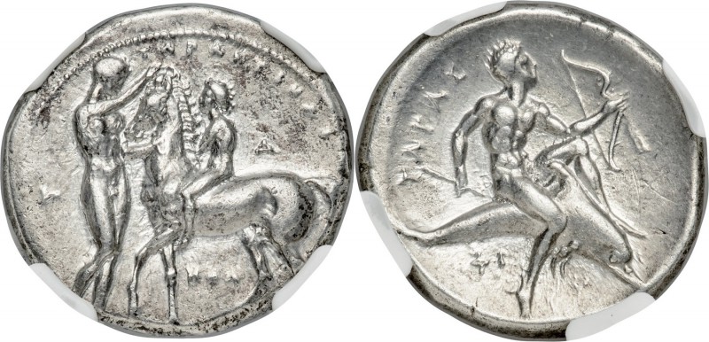 CALABRIA. Tarentum. Ca. 340-332 BC. AR stater or didrachm (21mm, 7.91 gm, 6h). N...