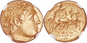 MACEDONIAN KINGDOM. Philip II (359-336 BC). AV stater (17mm, 8.56 gm, 12h). NGC Choice XF 5/5 - 3/5, graffito, edge bump. Posthumous issue of Teos, ca...