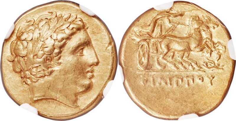 MACEDONIAN KINGDOM. Philip II (359-336 BC). AV stater (18mm, 8.57 gm, 11h). NGC ...