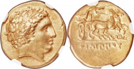 MACEDONIAN KINGDOM. Philip II (359-336 BC). AV stater (18mm, 8.57 gm, 11h). NGC XF 4/5 - 4/5. Pella, ca. 340/336-328 BC. Laureate head of Apollo right...