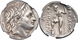 MACEDONIAN KINGDOM. Demetrius I Poliorcetes (306-283 BC). AR tetradrachm (31mm, 17.19 gm, 3h). NGC Choice XF S 5/5 - 4/5, Fine Style. Amphipolis, ca. ...