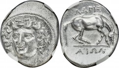 THESSALY. Larissa. Ca. 356-342 BC. AR drachm (21mm, 6.00 gm, 11h). NGC MS 5/5 - 3/5, Fine Style. Head of nymph Larissa facing slightly left, wearing a...