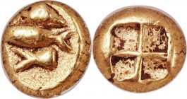 MYSIA. Cyzicus. Circa 600-550 BC. EL hecte (10mm, 2.71 gm). NGC VF 4/5 - 4/5. Tunny left; tunny head right above; tunny tail left below / Quadripartit...