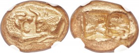 LYDIAN KINGDOM. Croesus (ca. 561-546 BC). AV stater (17mm, 10.74 gm). NGC AU S 5/5 - 4/5. Sardes, "heavy" standard, ca. 561-550 BC. Confronted forepar...