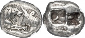 LYDIAN KINGDOM. Croesus (ca. 561-546 BC). AR stater (19mm, 10.66 gm). NGC Choice VF 5/5 - 4/5. Sardes, ca. 561-550 BC. Confronted foreparts of lion fa...