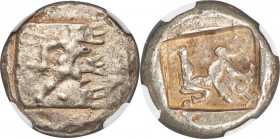 PAMPHYLIA. Aspendus. Ca. mid-5th century BC. AR stater (21mm, 10.79 gm). NGC VF S 3/5 - 4/5, overstruck. Helmeted hoplite advancing right, spear forwa...
