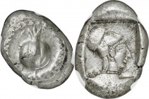 PAMPHYLIA. Side. Ca. 5th century BC. AR stater (23mm, 10.73 gm, 1h). NGC AU 5/5 - 5/5. Ca. 430-400 BC. Pomegranate, guilloche beaded border / Head of ...