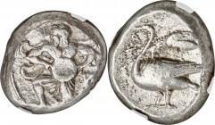 CILICIA. Mallus. Ca. 440-385 BC. AR stater (20mm, 10.74 gm, 4h). NGC VF 4/5 - 4/5. Beardless male, winged, in kneeling/running stance left, holding so...