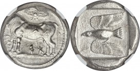 CYPRUS. Paphos. Aristo–. Mid 5th century BC. AR stater (22mm, 11.10 gm, 9h). NGC AU 3/5 - 4/5. Bull standing left, winged solar disk above, ankh befor...