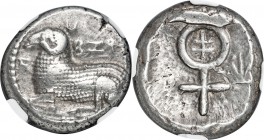 CYPRUS. Salamis. Euelthon (530/15-480 BC). AR stater (21mm, 11.23 gm, 11h). NGC Choice VF 4/5 - 5/5. Recumbent ram left; Cypriot legend above, before ...