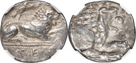 CYPRUS. Salamis. Evagoras I (ca. 411-374/3 BC). AR stater-didrachm or didrachm (20mm, 6.48 gm, 6h). NGC XF 4/5 - 4/5. Lion reclining right, mouth open...