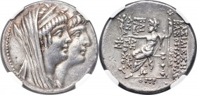 SELEUCID KINGDOM. Cleopatra Thea and Antiochus VIII (125-121 BC). AR tetradrachm (29mm, 16.72 gm, 12h). NGC XF 5/5 - 4/5. Ake-Ptolemais, Dated Civic Y...