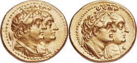 PTOLEMAIC EGYPT. Ptolemy II Philadelphus (285-246 BC), with Arsinoe II, Ptolemy I, and Berenice I. AV pentekontadrachmon (50 drachm) or tetradrachm (h...