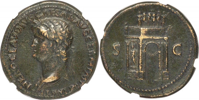 Nero (AD 54-68). AE sestertius (35mm, 28.36 gm, 7h). NGC Choice VF 5/5 - 3/5, Fi...