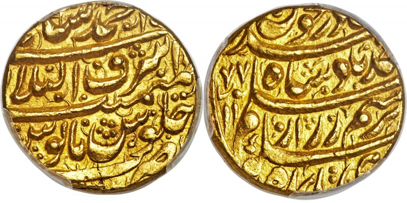 Durrani. Ahmad Shah gold Mohur AH 1177 (1763/4) MS63 PCGS, Ahmadshahi mint, KM11...
