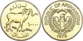 Republic gold 10000 Afghanis 1978 MS66 NGC, KM982. A highly mirrored example of the conservation series issue featuring the Marco Polo Sheep. AGW 0.96...