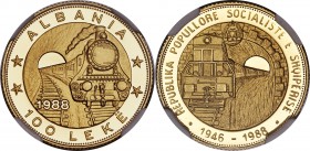 People's Socialist Republic gold Proof "Railroad Anniversary" 100 Leke 1988 PR70 Ultra Cameo NGC, KM63, Fr-26. Mintage: 2,000. A perfect example of th...