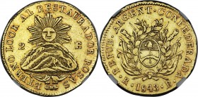 La Rioja. Provincial gold 2 Escudos 1843-RB AU Details (Cleaned) NGC, La Rioja mint, KM17. One-year type. Pale yellow in color with strong detail desp...