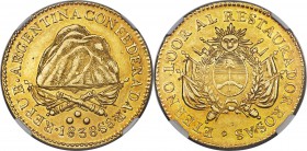 La Rioja. Provincial gold 8 Escudos 1838-R AU58 NGC, La Rioja mint, KM9, Fr-8. Truly exceptional for the type, with only a subtle darkening atop the m...