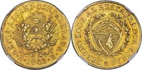 La Rioja. Provincial gold 8 Escudos 1845-RB AU55 NGC, La Rioja mint, KM19, Fr-13. This desirable one-year type is very rarely seen in any condition ap...
