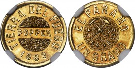 Tierra del Fuego. Territory gold "Popper" Gramo 1889 MS65 NGC, Buenos Aires mint, KM-Tn5, Janson-7. Large Letters Obverse & Reverse. A superb gem exam...