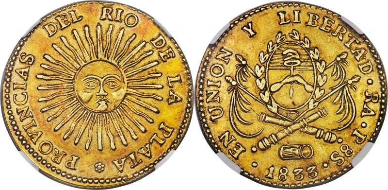 Rio de la Plata gold 8 Escudos 1833 RA-P AU55 NGC, Rioja mint, KM21, Fr-2, Onza-...