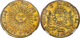 Rio de la Plata gold 8 Escudos 1833 RA-P AU55 NGC, Rioja mint, KM21, Fr-2, Onza-1556. Hailing from the highly demanded "Sun-Face" series, this example...