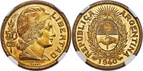 Republic brass Proof Essai "Lucien Bazor" 50 Centavos 1940 PR63 NGC, Paris mint, KM-Pn54 var. Struck in brass rather than the more typical nickel issu...