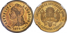 Republic brass Essai 80 Centavos 1879 MS63 NGC KM-E5B. Not listed in brass within the SCWC. Fully choice, with a flan that is infused with golden-brow...