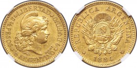 Republic gold 2-1/2 Pesos (1/2 Argentino) 1884 AU55 NGC, KM30, Fr-16, CJ-11. Pleasingly lustrous for a circulated coin with ample detail remaining des...