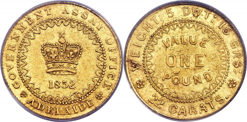 South Australia. British Colony - Victoria gold "Adelaide" Pound 1852 AU55 PCGS,...