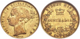 Victoria gold Sovereign 1855-SYDNEY VF35 NGC, Sydney mint, KM2. The earliest "SYDNEY" Sovereign date portraying the "fillet head" portrait of Victoria...