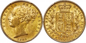 Victoria gold "Shield" Sovereign 1883-M MS62 PCGS, Melbourne mint, KM6, S-3854A. A difficult year of this type exhibiting mild friction in the fields ...
