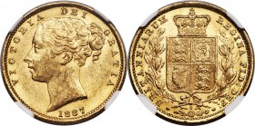 Victoria gold "Shield" Sovereign 1887-S MS62 NGC, Sydney mint, KM6. A lustrous example of this better date showing light friction across the surfaces ...